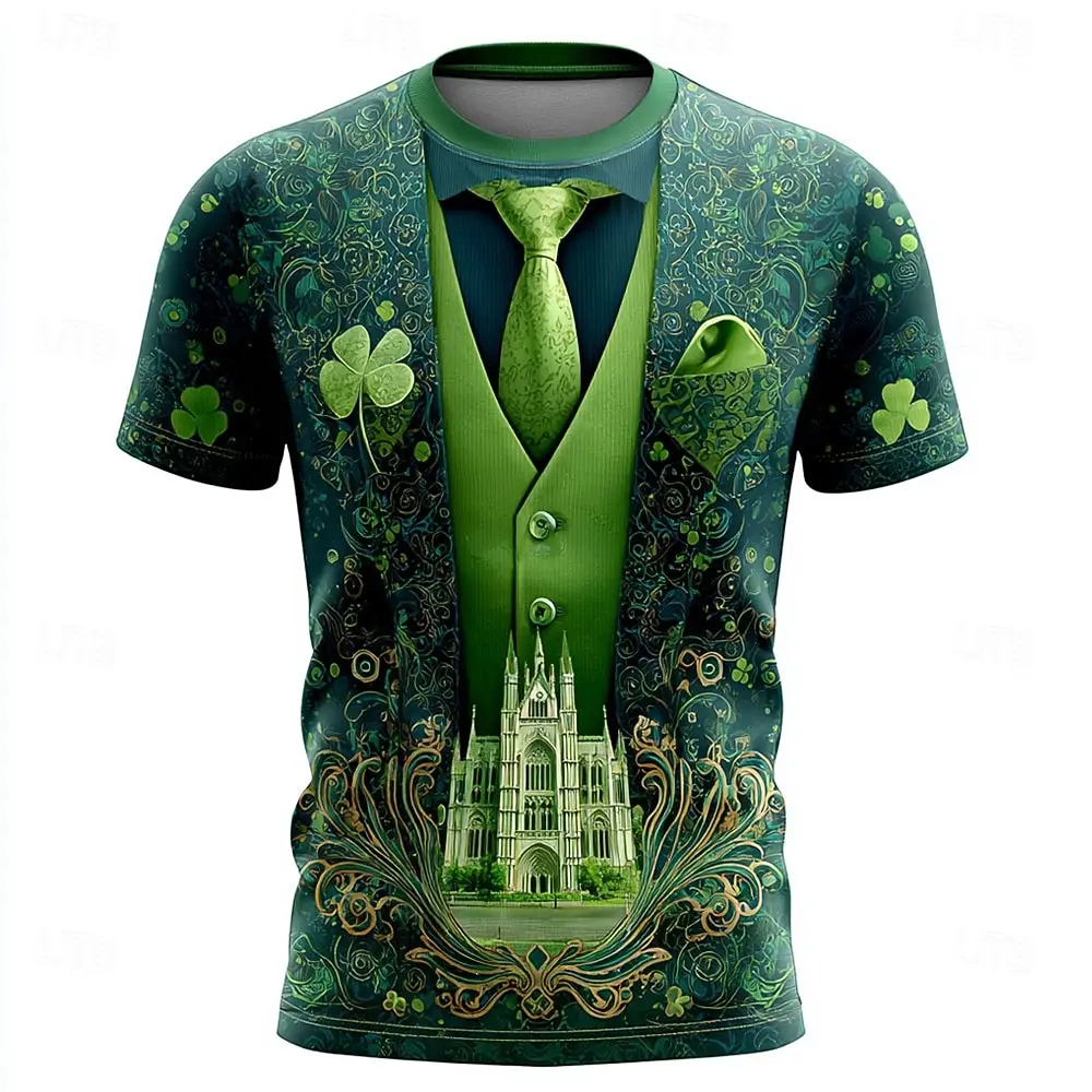 St.Patrick’s Day Fake suit Green 3D Printed Mens Short Sleeve T-Shirt Sports Casual Lucky Clover Unisex Clothes T-Shirt Tops