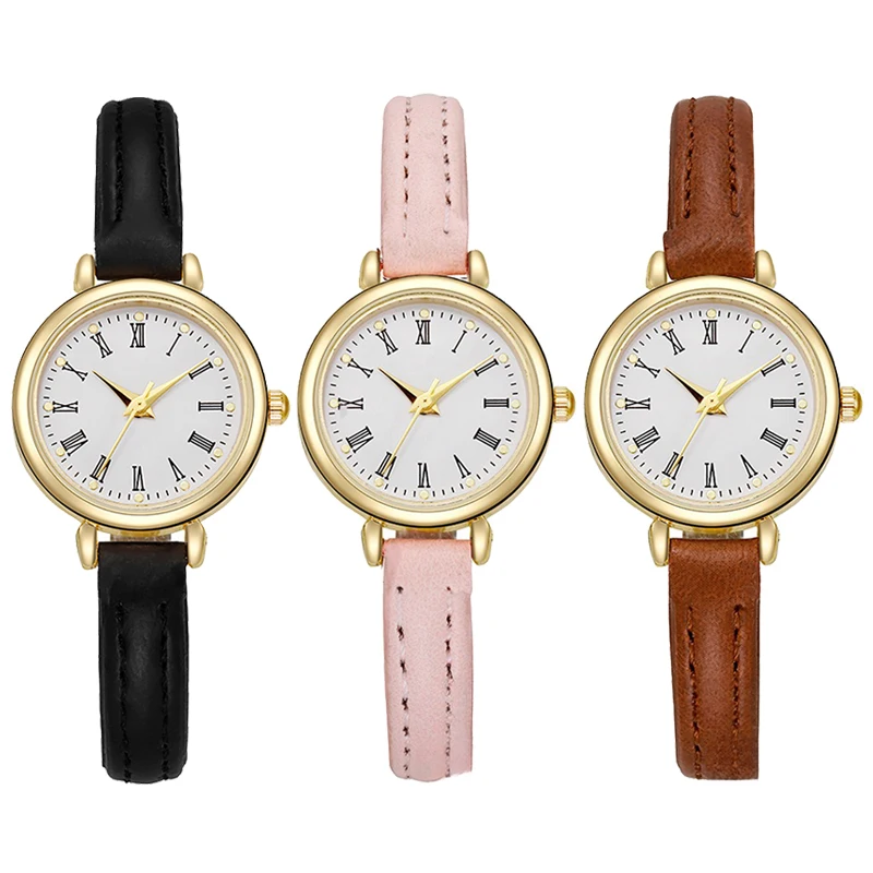 Elegant Vintage Roman Numeral Dial Women's Quartz Watch with Thin Gold Strap Simple Small Round Design Perfect for Students