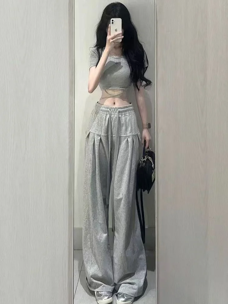 Summer Casual Spicy Girl Sport Loose Feelings Set Pants Women Short Style Belly Show T-Shirt Belted Wide Leg Pants Two Piece Set