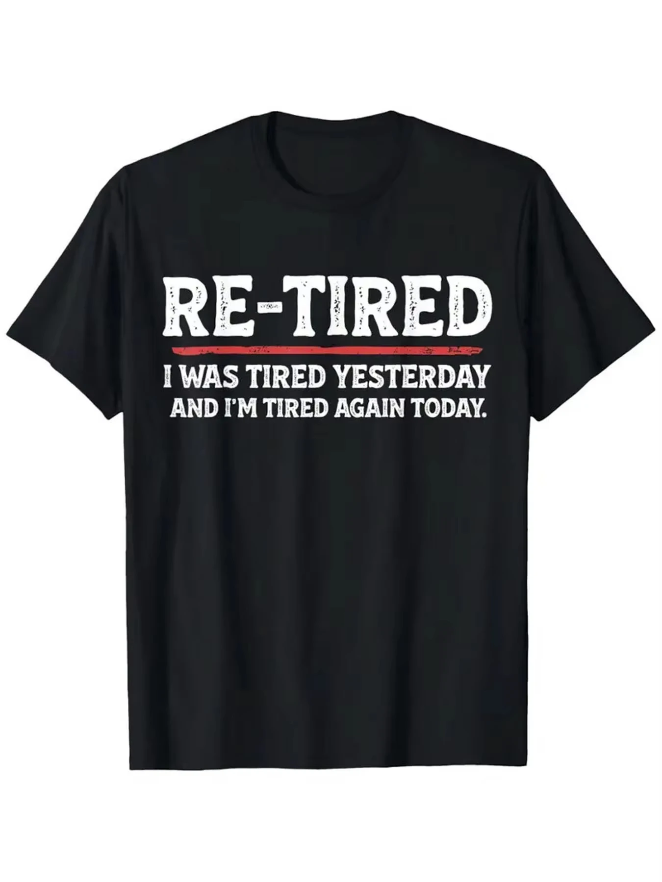 Funny Retired Tee Black Graphic Tee for Men Casual Short Sleeve Shirt Unisex Printed Tee with 'RE-TIRED' Slogan Distressed