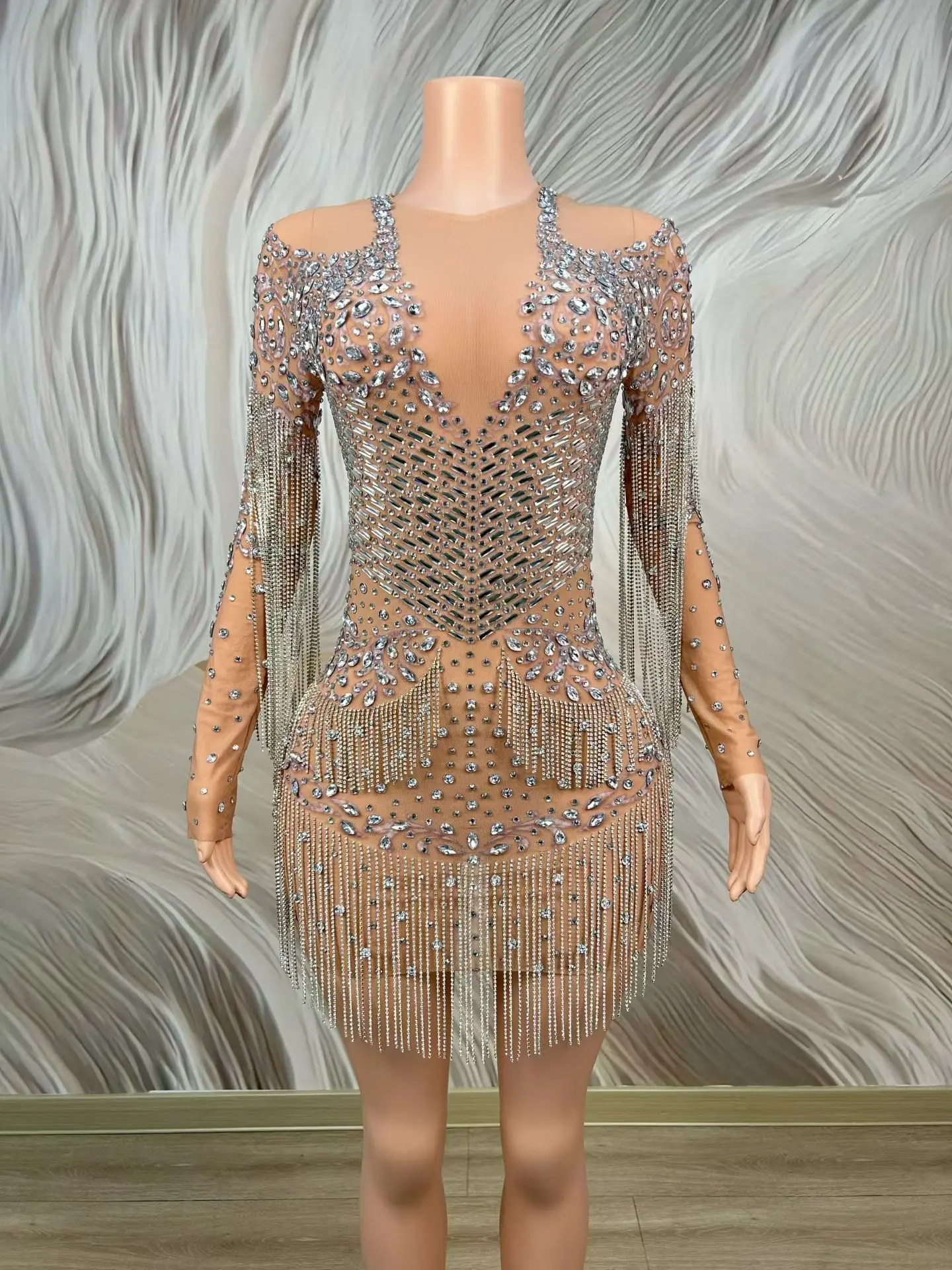 Qiuling Elegant Woman high-end Evening Gowns Sparkling Silver Rhinestone Fringe Dress Wedding Party Dress Birthday Prom Gowns