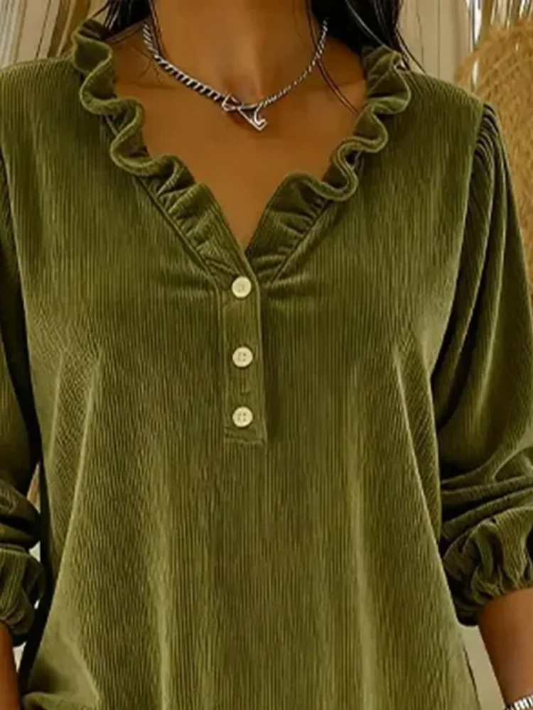 Eleganckie bluzki z długim rękawem typu lampion, luźne, jesienne, nowe, proste bluzki z dekoltem w serek, falbankami, do pracy, dla kobiet, nowe, sztruksowe, jednolite pulowery 2025.