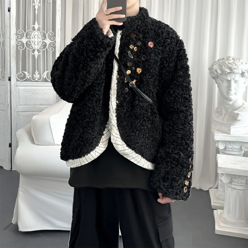 

Thiened Lamb Velvet Cotton Jaet for Men Chinese Sle Patchwork Color Design Winter Coat Button Decoration Casual Outerwear