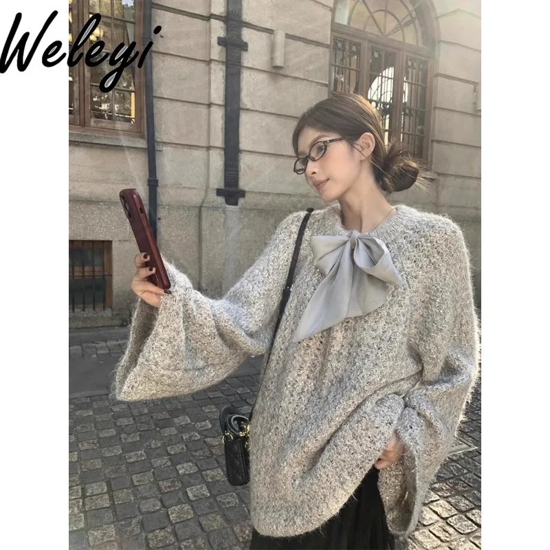 Sweet Casual Women's Pullover Bow Gray Sweater 2024 Autumn New Streetwear Loose Front and Rear Long Sleeve Knitted Tops Trendy