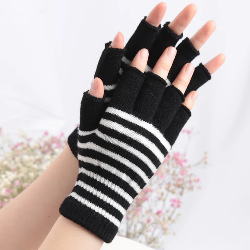 1 Paar Zwarte Streep Half Vinger Vingerloze Handschoenen voor Vrouwen en Mannen Gebreide Pols Katoen Winter Warm Outdoor Gothic Lolita wanten