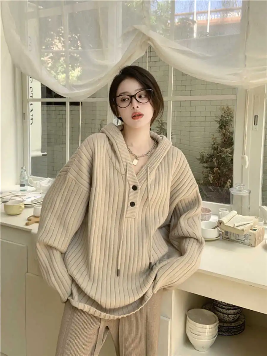 

Lazy Style Knitted Women Sweater Khaki Pullover Hooded Knitwear Autumn Winter Versatile Casual Loose Sweater Tops