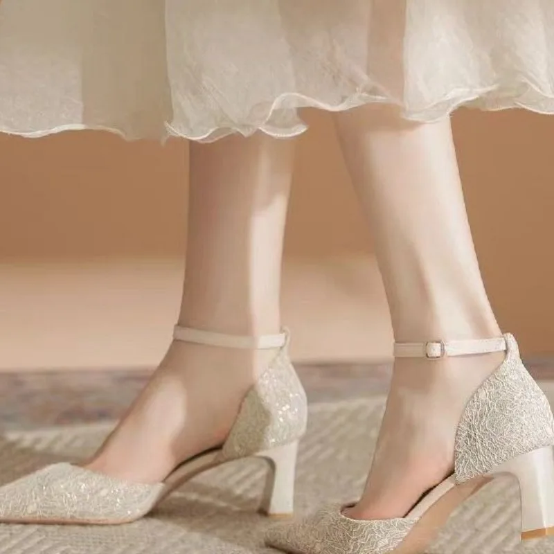 Eleganckie buty ślubne na wysokim obcasie damskie buty dla panny młodej obcasy pasek na kostkę spiczasty kryształ kobiety obuwie letnie Zaptos Mujer