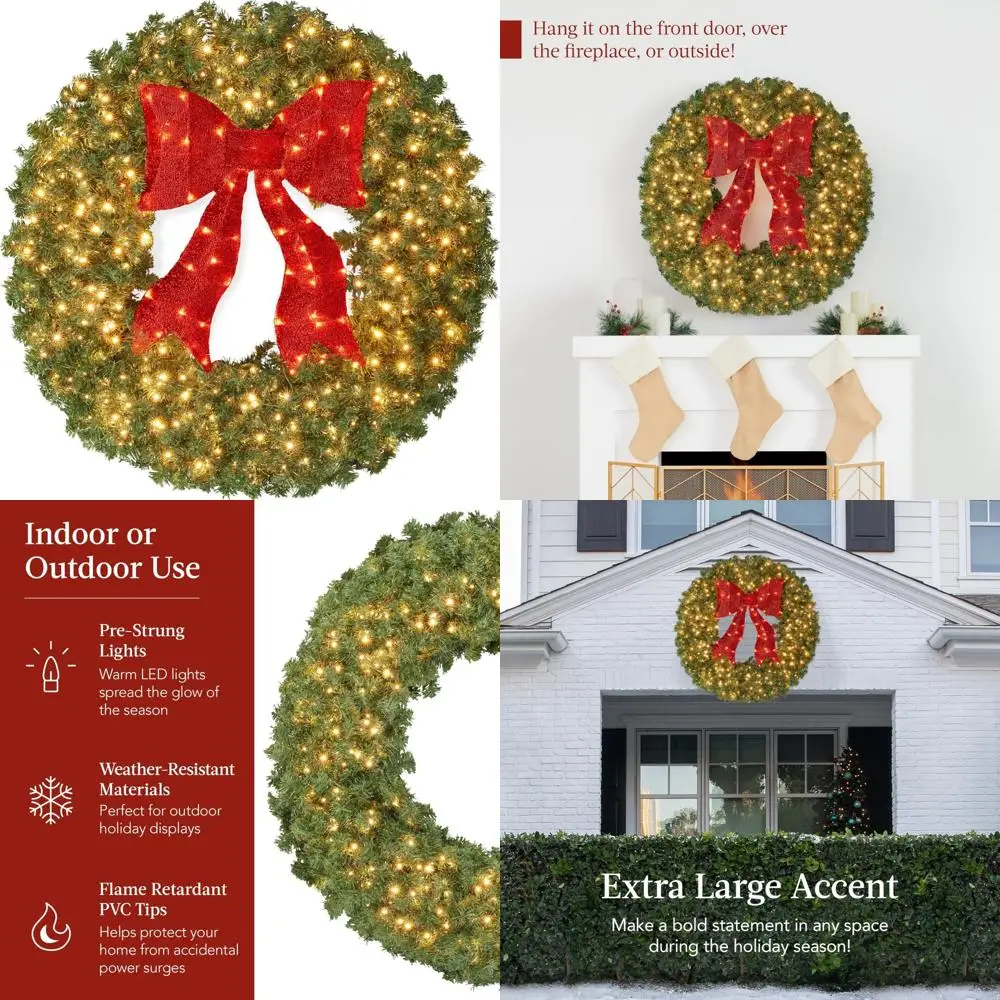 

30 Inch Large Pre-lit Artificial Fir Christmas Wreath with Red Lights - Door and Mantel Holiday Decoration Accent