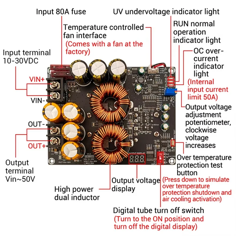 ABAC-1200W 50A DC-DC Boost Converter Step Up Power Supply Module 10-30V To Vin-50V Adjustable Voltage Charger Module