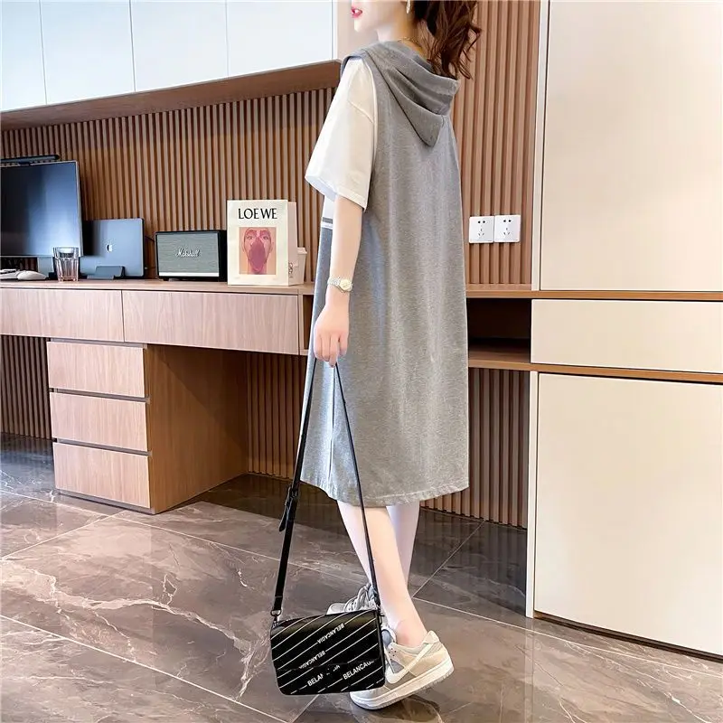 Women Summer Trendy Letter Print Patchwork Y2K Streetwear Oversized Casual Hooded Dresses Short Sleeve Beach T Shirt Dress Robe