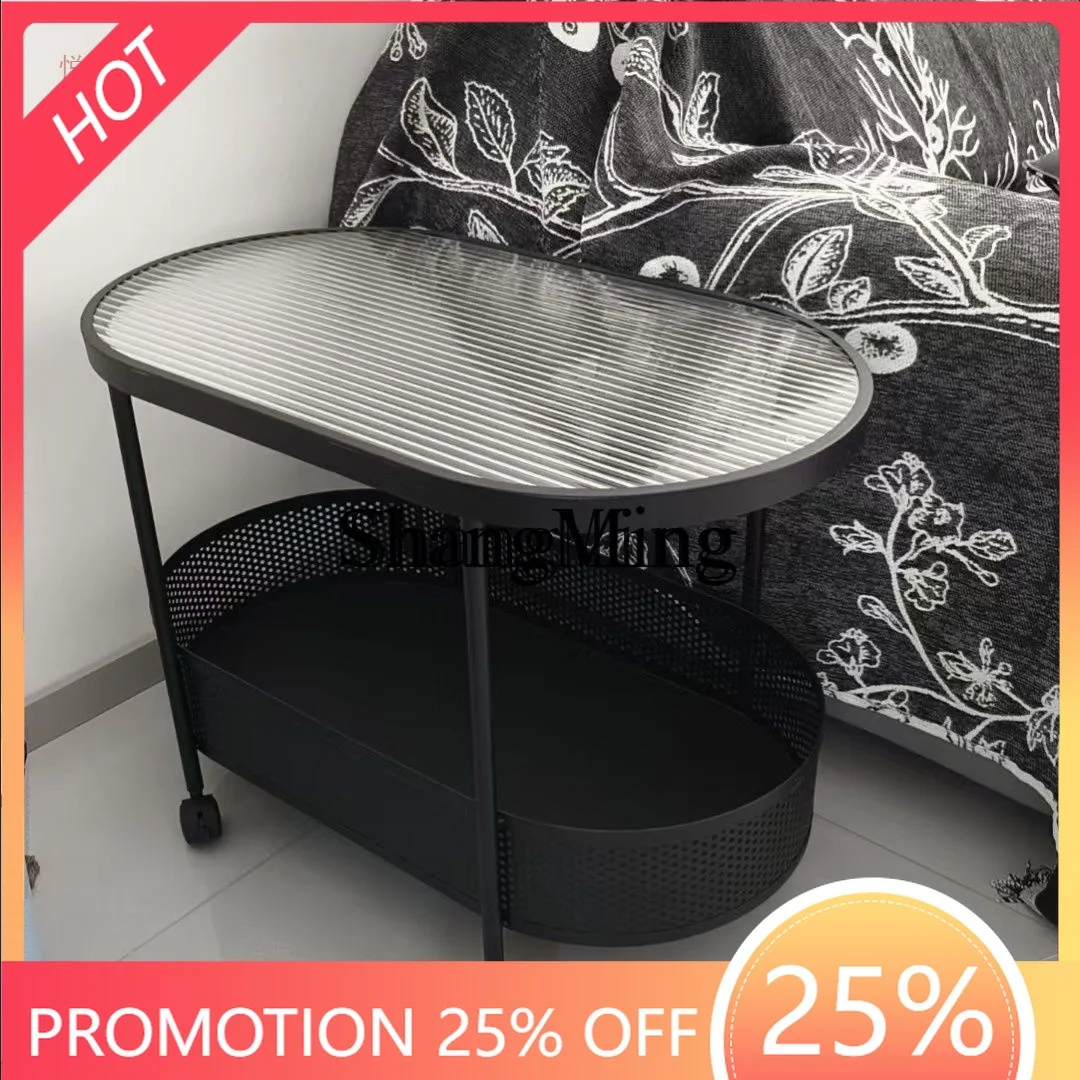 

FG Simple Cream Style Oval Side Table Living Room Small Apartment Mobile Trolley Bedroom Glass Coffee Table Sofa Side Cabinet