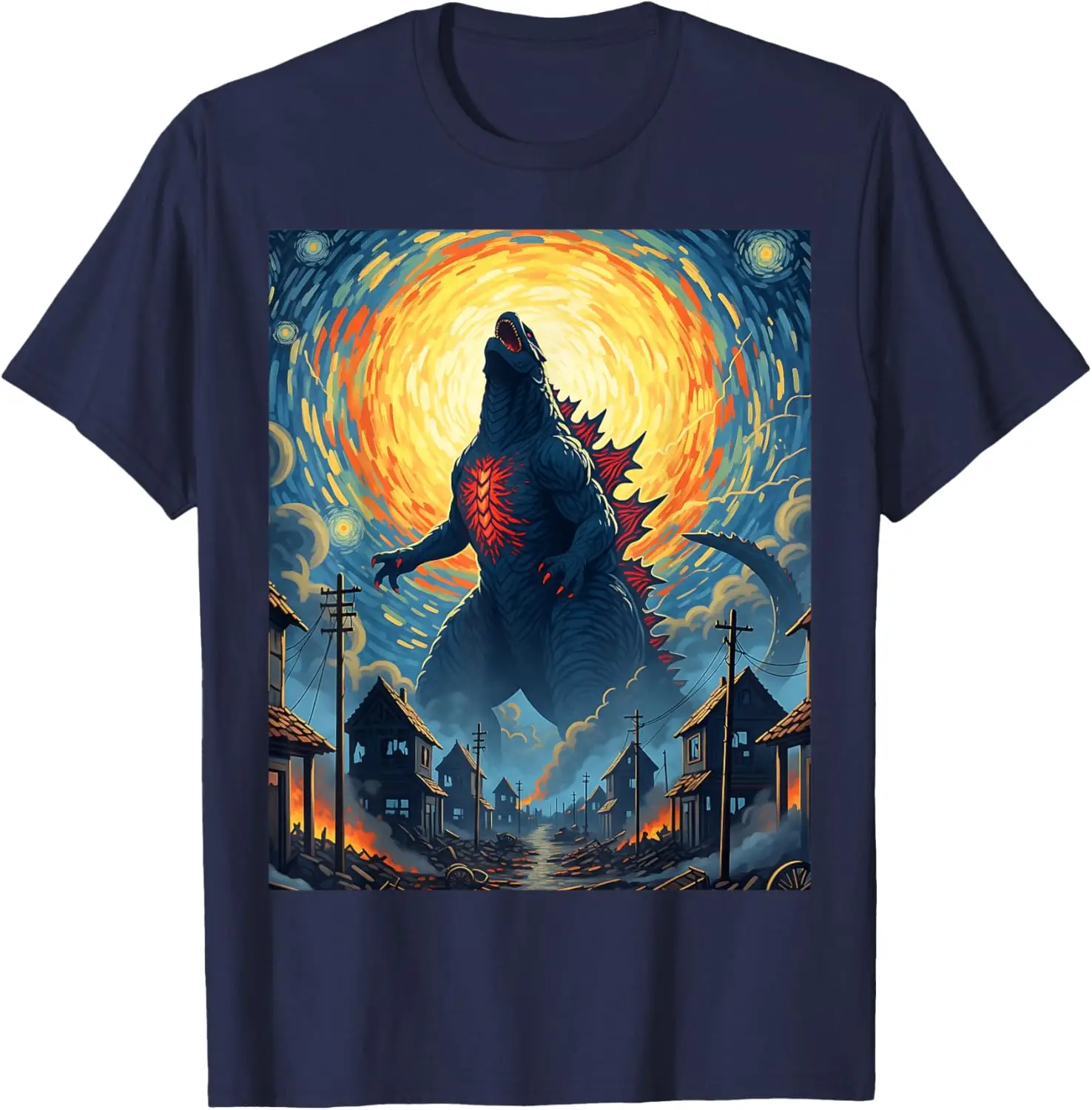 Powerful Kaiju Giant Towering Van Gogh Starry Night T-Shirt S-6XL