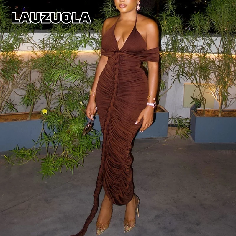Womens Brown Halter Neck Ruched Maxi Dress Off Shoulder Deep V-Neck Bodycon Dresses with Trailing for Party Clubwear