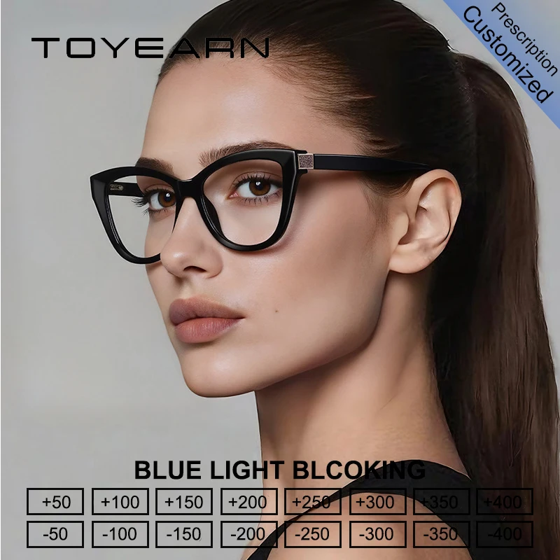 

TOYEARN Customizable Myopia Prescription Elegant Cat Eye Reading Glasses Women Computer Optical Eyeglasses TR90 Bling Frame