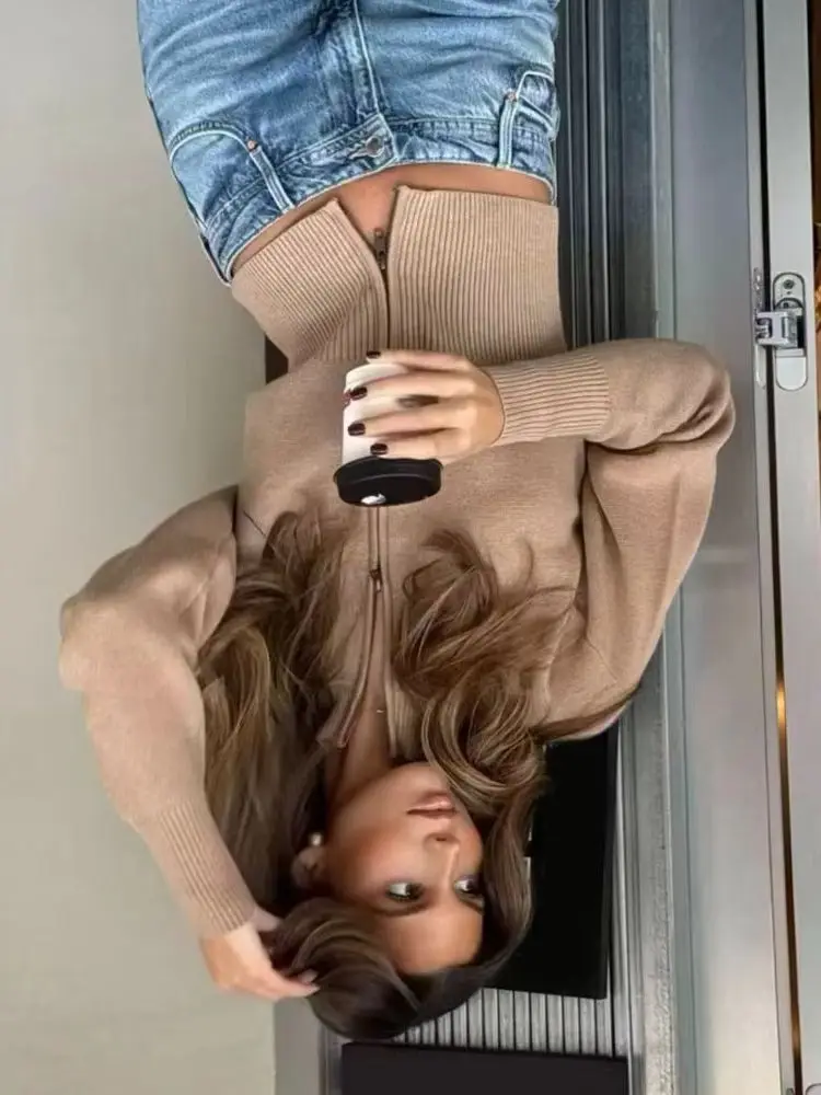 

HH женский модный однотонный свитер с длинными рукавами, пальто, полуводолазка на молнии, вязаные топы, женские зимние повседневные кардиганы, 2 цвета