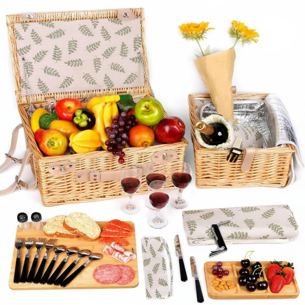 

Premium Dual Wicker Picnic Basket Set with Blanket & Boards for Couples, Weddings, Gifts