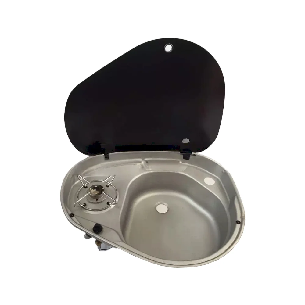 RV Camper Caravan Integrated Kitchen Sink & Gas Stove Combo With Black Glass Lid Stainless Steel 1-Burner Hob