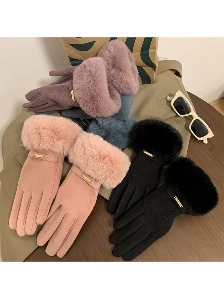 AliExpress Winter Warm and Windproof Women's Gloves Fury Thick Warm Finger Gloves Outdoor Travel Cycling Gloves