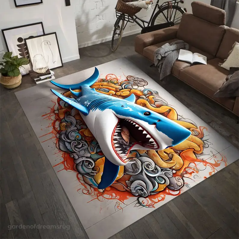 3D Shark Illusion Graffiti Carpet,Modern Abstract Optical Art Rug,Non-Slip Soft Polyester Floor Mat Living Room Bedroom Decor