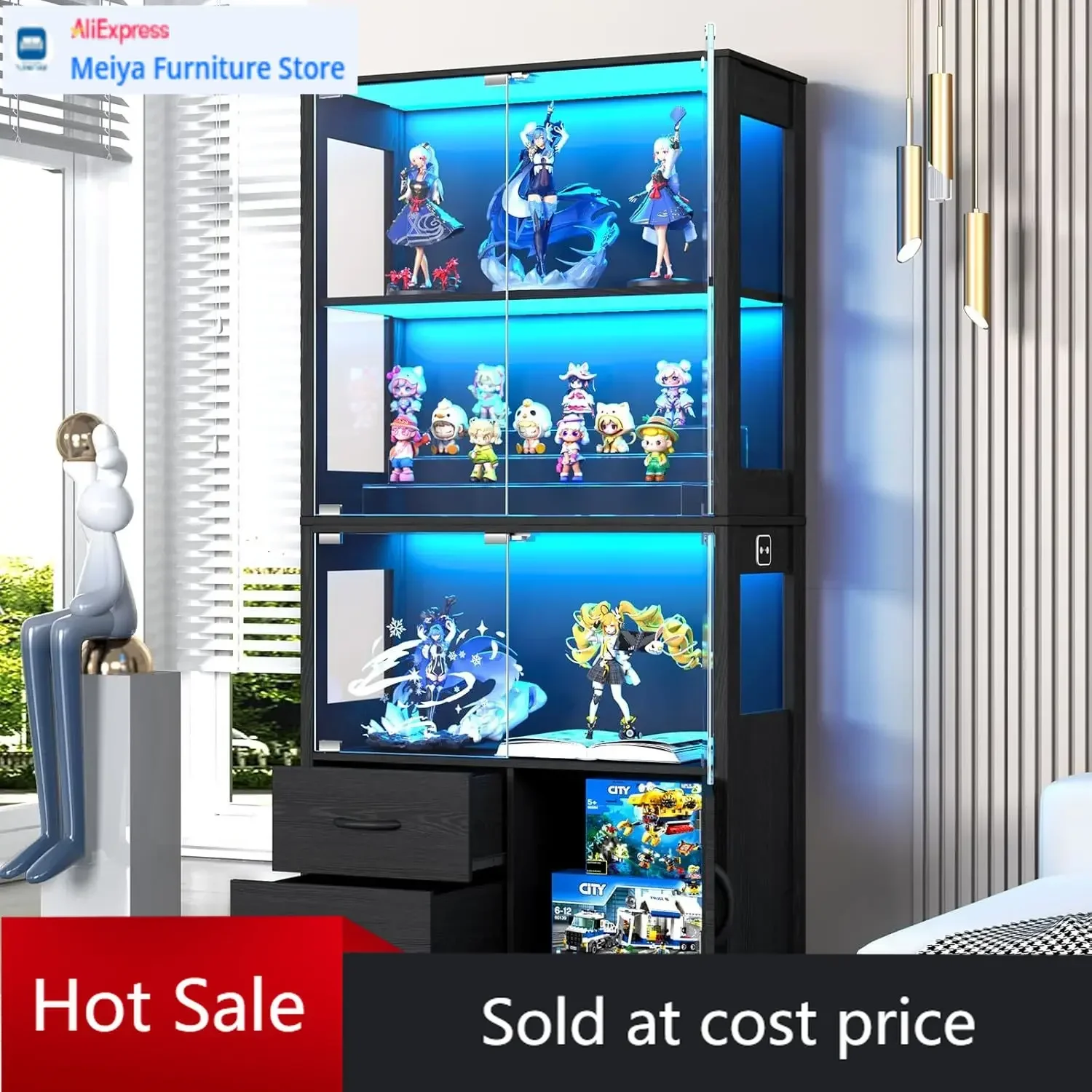 4 Tier Black Curio Display Cabinet With 3 Color Lights Human Body Sensor Storage Two Drawers For Collectibles