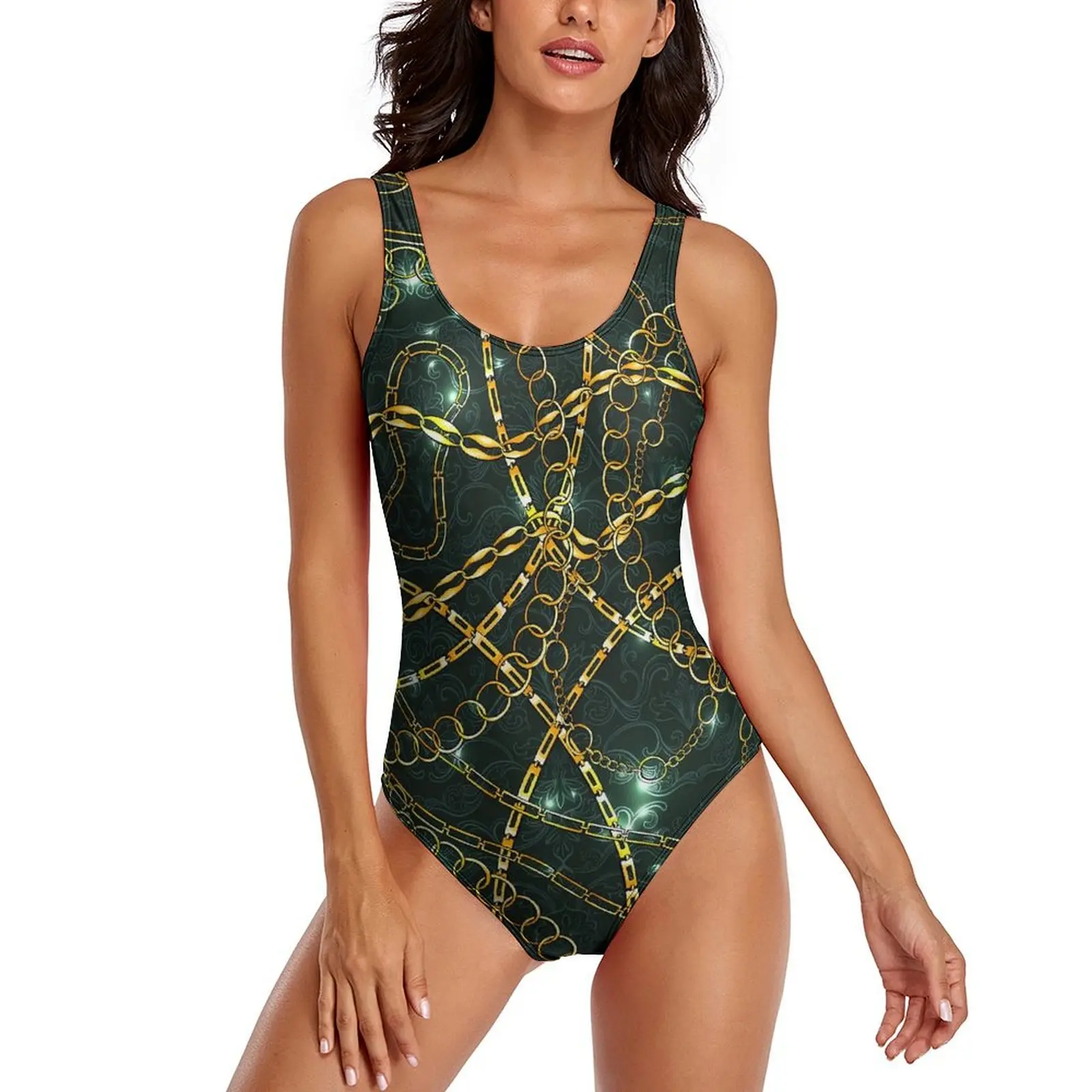 Chain Print Swimsuit Sexy Vintage Damask Woman Swimwear One-Piece Fashion Swimsuits Beach Push Up Hollow Out Beach Wear