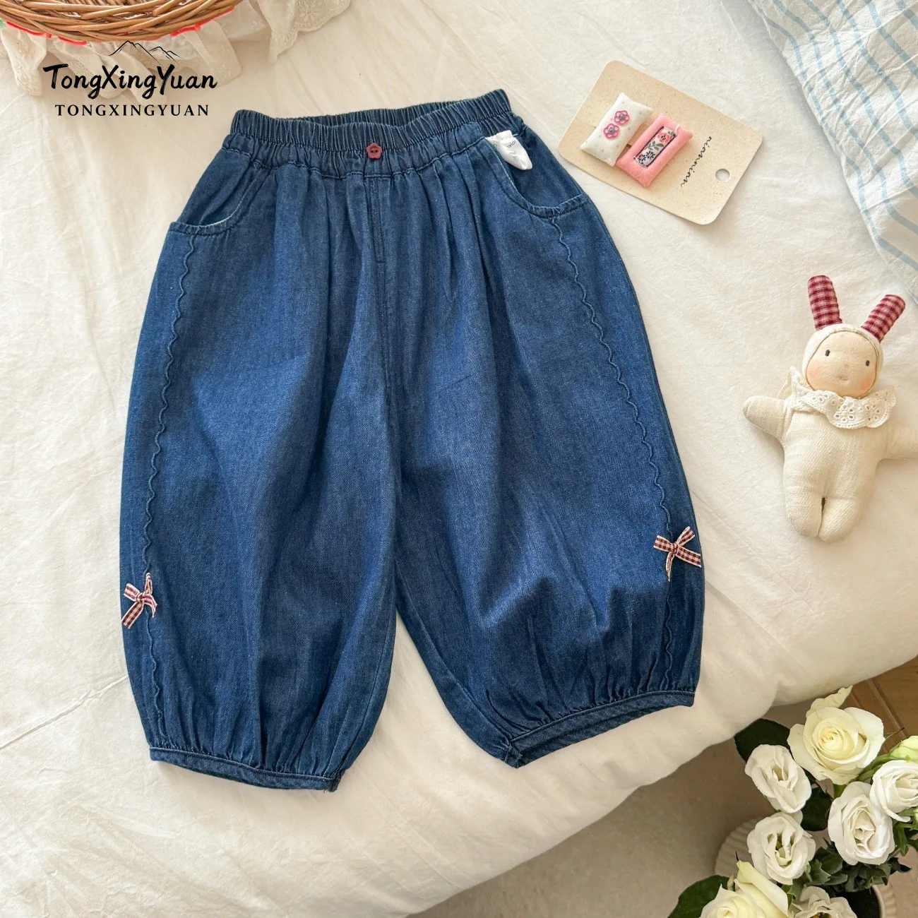 New Japanese Style Girls Denim Balloon Refreshing Loose Bow Cropped Pants Korean Casual Pants Jeans