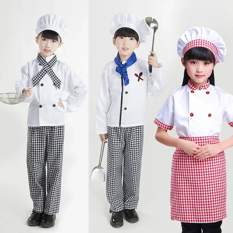 Kids Chef Uniform Chef Cosplay Costumes White Jacket Plaid Trousers Restaurant Food Service Halloween Carnival Cosplay Costumes