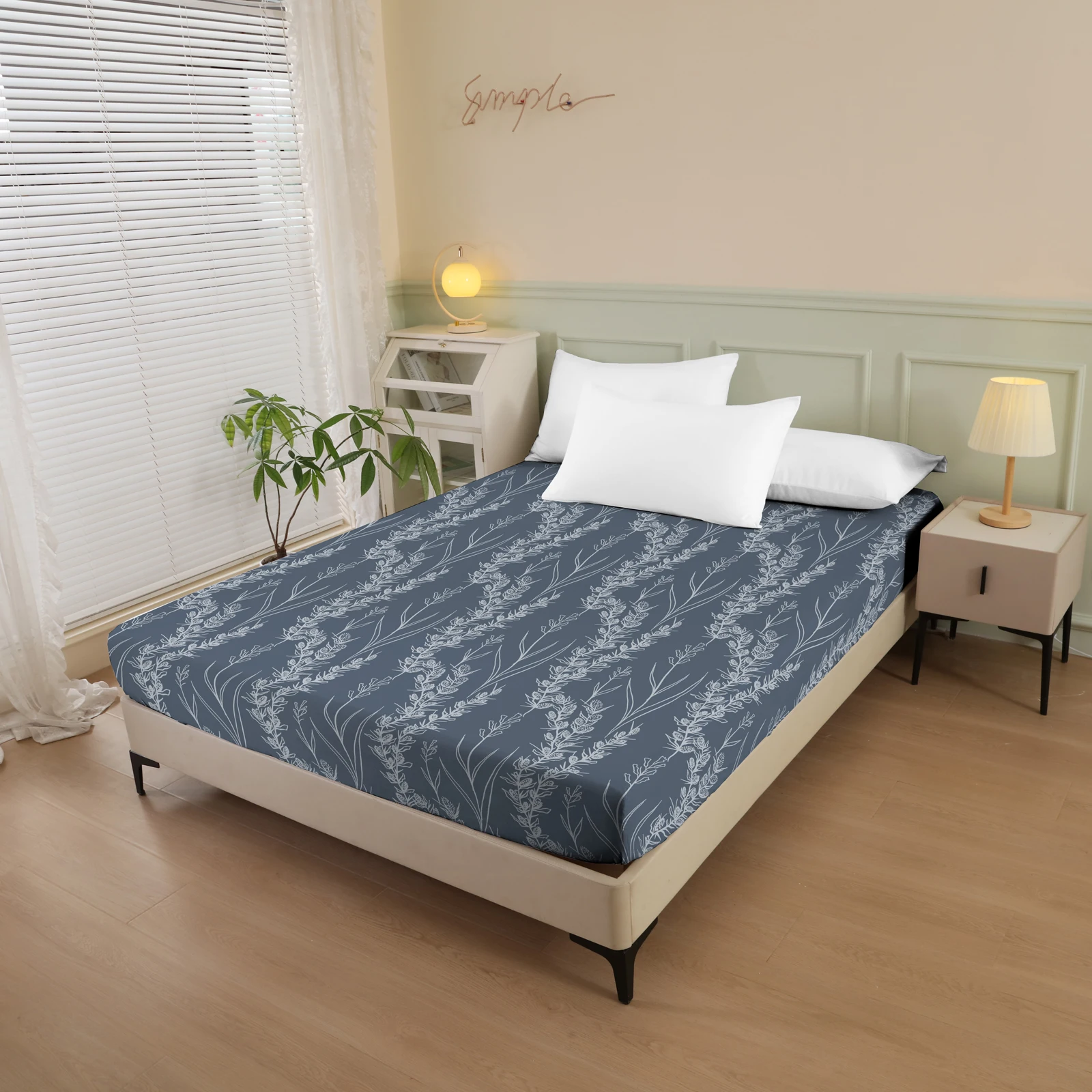 Floral Plant Style Reactive Printed Fitted Sheet (1 Piece, Pillowcase Not Included) with Leaf Pattern, Polyester Fiber, Rectangular, Dirt-Resistant Mattress Protector, Polyester Five-Sided Wrap, Deep Pocket Fitted Sheet, Suitable for Bedroom, Dormitory, Guest Room, Homestay, All-Season Use, Machine Washable
