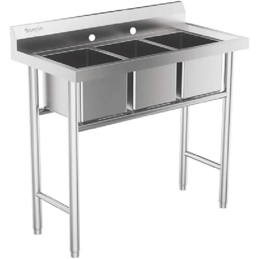 

Freestanding Triple Compartment Stainless Steel Utility Sink with Three Drains - 39 x 17.7 x 37.4 for Kitchen Use