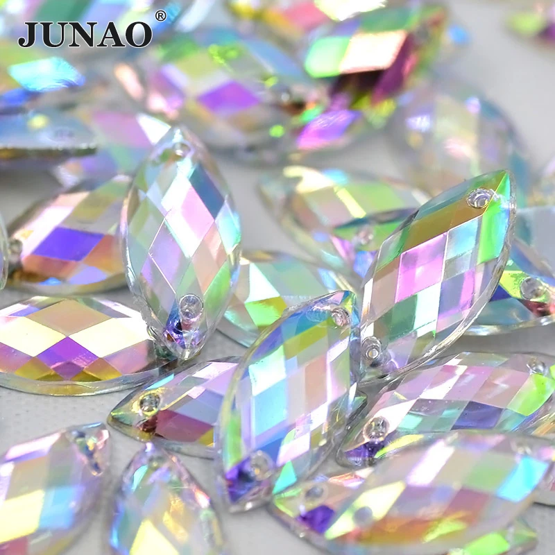 JUNAO 500pcs 7*15mm Sewing Gold Rhinestones Appliques Flat Back Acrylic Horse Eye Crystal Stone Sew On Strass for Clothes