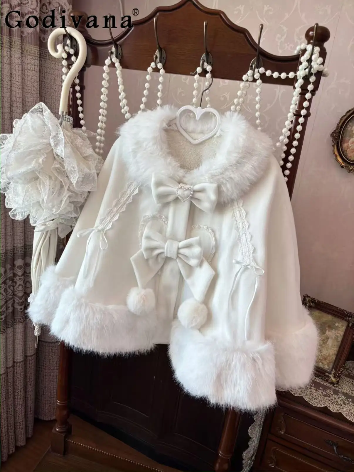 

Autumn Winter New Plush Thickened Cloak Japanese Lolita Bow Cute Versatile Short Thickened Shawl Coat for Women