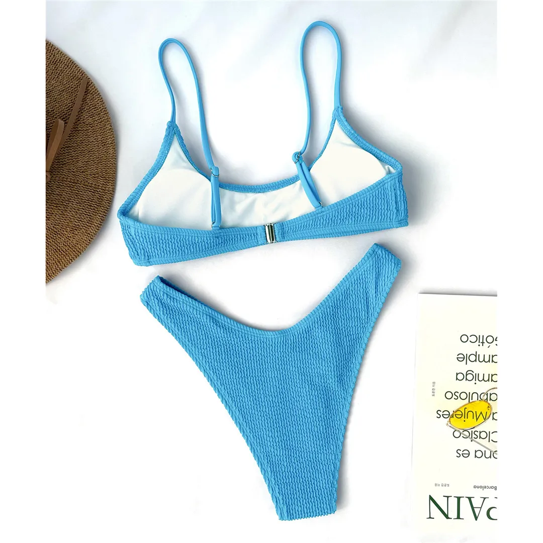 Neuer, sexy, geraffter Bikini, Damen-Badeanzug, zweiteiliges Bikini-Set, mittelhoher Bund, Badebekleidung, Badeanzug, Modell V3032P. – Detail 33