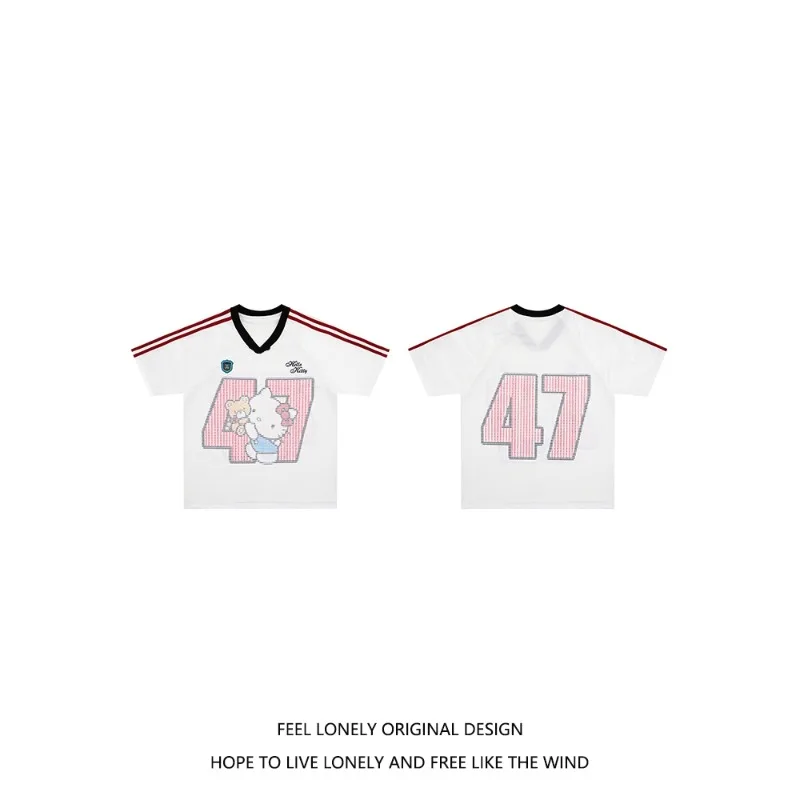 

Спортивная футболка с короткими рукавами и мультяшным принтом «Hello Kitty» в американском стиле, летняя новая модная свободная повседневная бейсбольная одежда унисекс