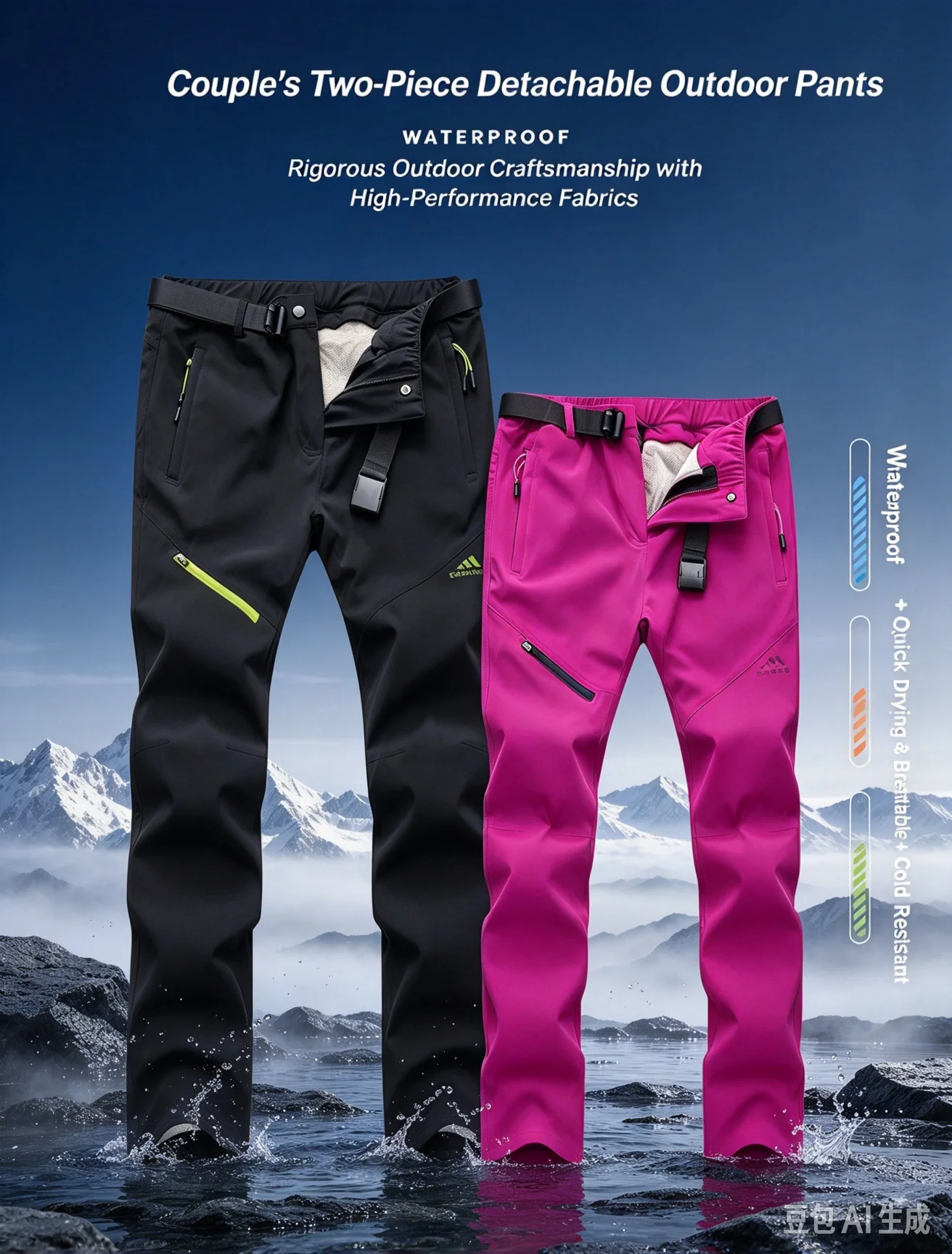Men's and women's outdoor sports pants with winter fleece and detachable inner liner for warmth and windproof