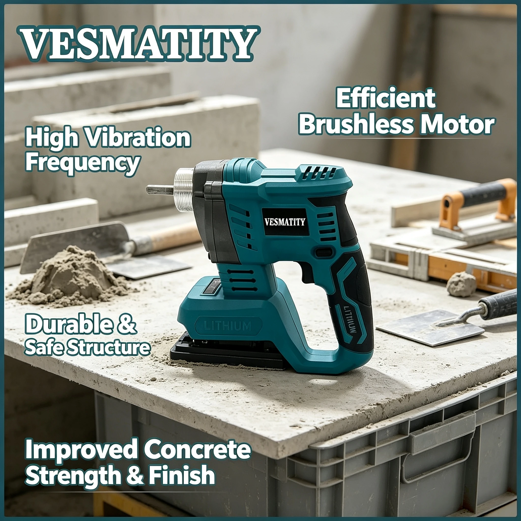 VESMATITY Brushless High Power Concrete Vibrator Heavy Duty Cordless Compactor Tool for 20V Battery Max Unit