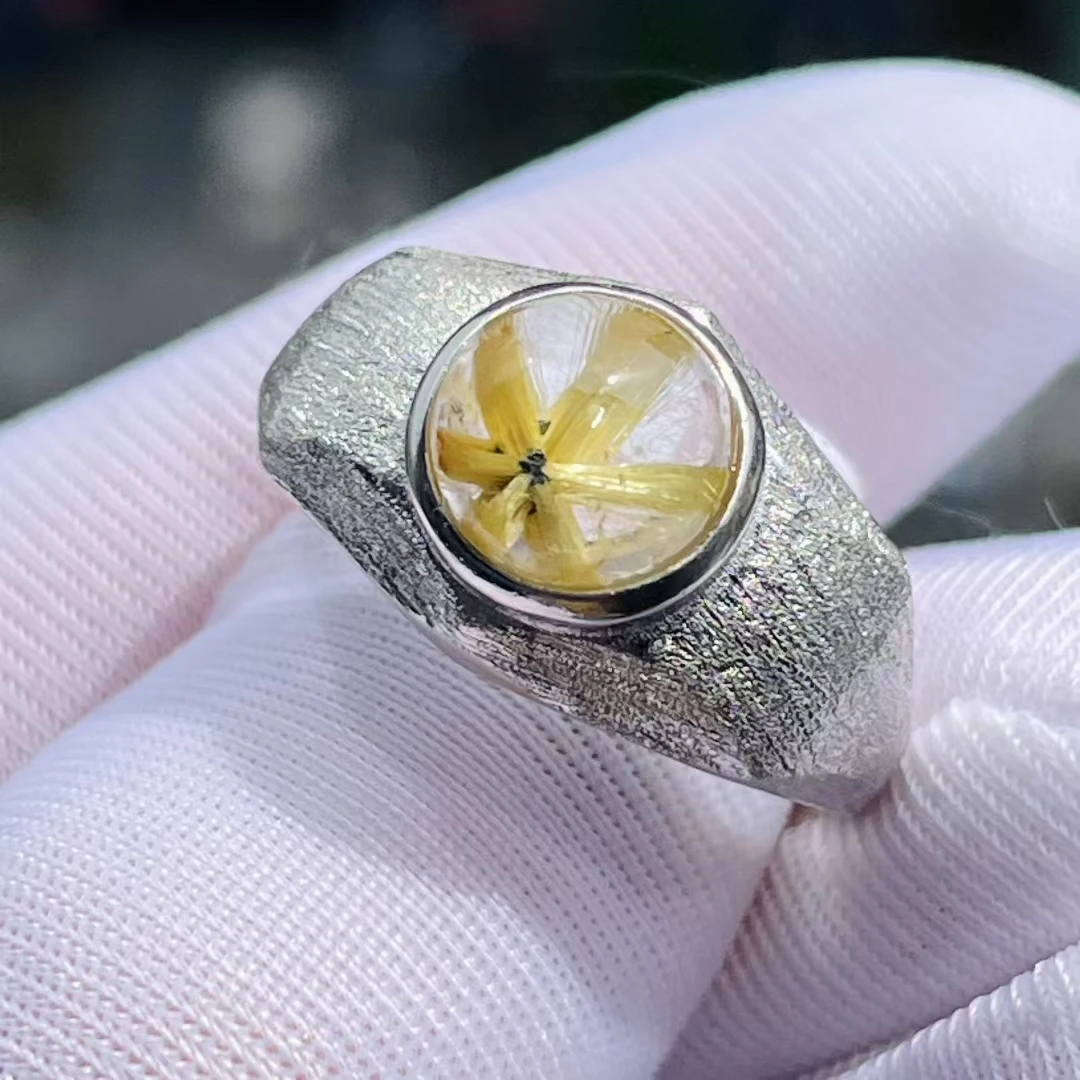 

Natural Gold Rutilated Quartz Adjustable Ring 8*8mm Flower Women 925 Silver Yellow Rutilated Beads AAAAAA