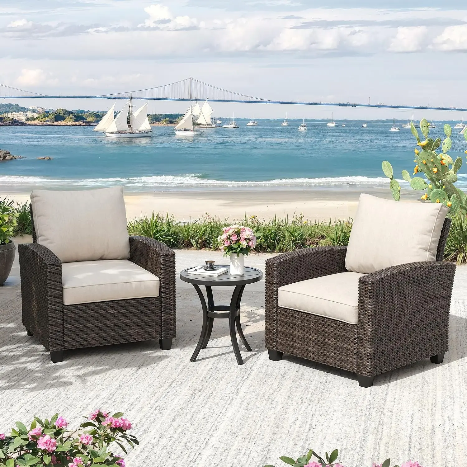3-Piece Wicker Patio Set, PE Rattan Conversation with 2 Chairs & Metal Table for Deck Porch Pool, Beige Cushion, Customized