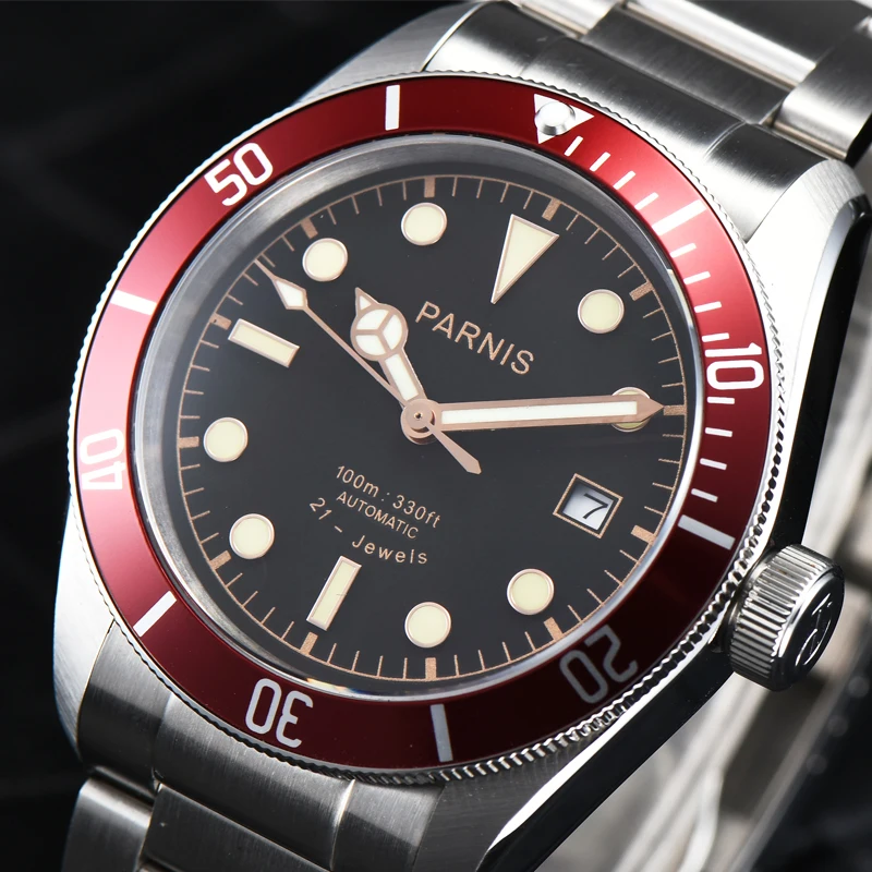 Fashion Parnis 41mm Red Bezel Automatic Mechanical Men Watch Luminous 21 Jewel Stainless Steel Bracelet Calendar Watches relojes