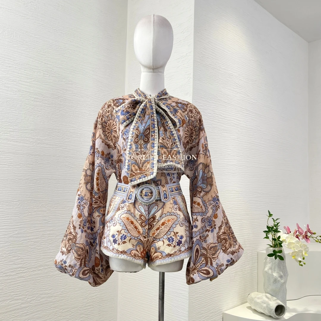 

Sets 2025 New Style Green Floral Print Short Sleeve Blouse and Belt Shorts