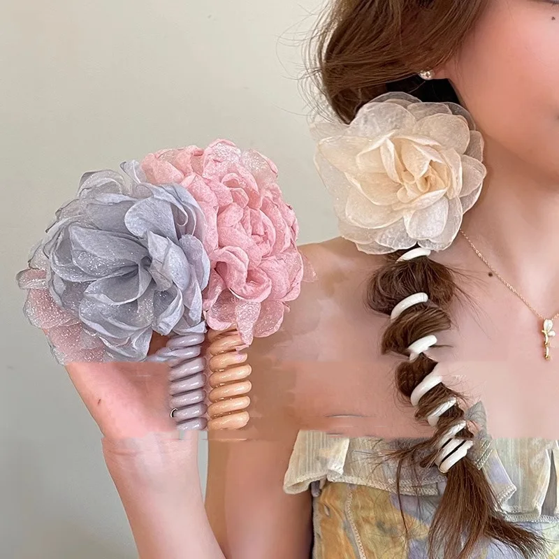 

Женские резинки для волос с телефонным шнуром — эластичные держатели для хвоста с цветком и пузырьковой косой