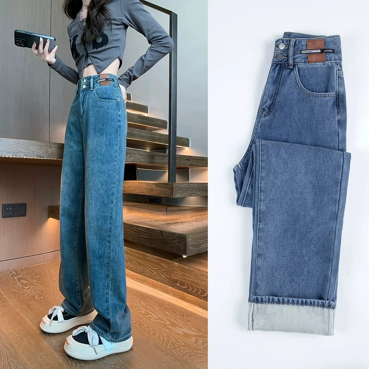 

Ретро Fce Широкие джинсы Женские тонкие с высокой талией для похудения Теплые брюки длиной до пола прямого кроя Зимние хлопковые эластичные брюки...