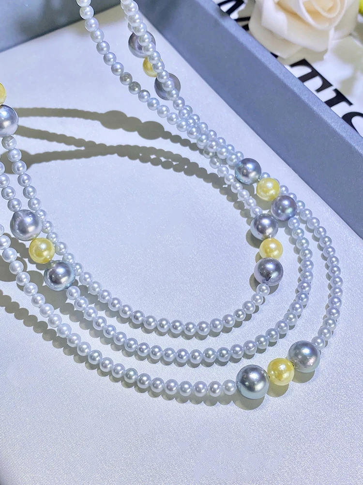 New Style Real Pearl Sweater Chain with 3-4mm Freshwater Pearls and 6-9mm Saltwater Akoya Pearls 120cm Coat Necklace for Women