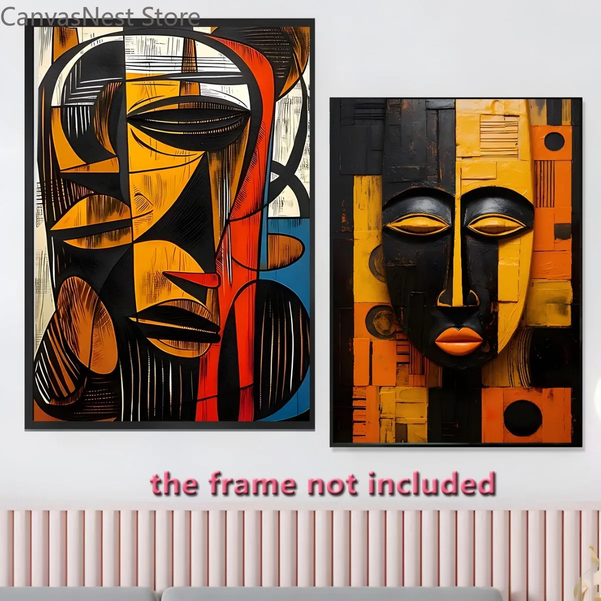 Frameless African Mask Abstract Face Canvas Wall Art, Vintage Ethnic Tribal Portrait Poster Prints for Living Room Decor