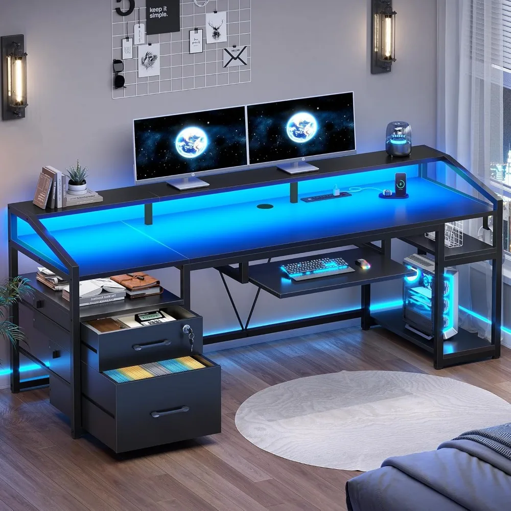 63 Computer Desk, Office Desk with Lockable Drawers for Legal/Letter File, Gaming Desk with LED Lights & Power Outlet, Ho