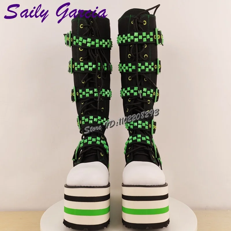 Green Buckle Straps Knee High Boots Punk Patchwork Round Toe Lace-up Platform Boots Fashion Women Lolita Shoes 2025 Autumn New image 2