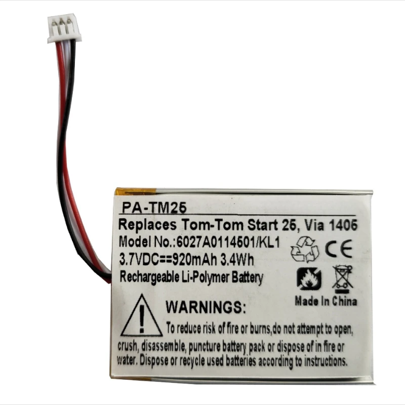 PA-TM25 Battery For Tom-Tom Start 20/25 Via 135/1405/1405M/1405T/1435T/1435TM/1505/1505M/1505T GPS Compatible KL1 6027A0114501