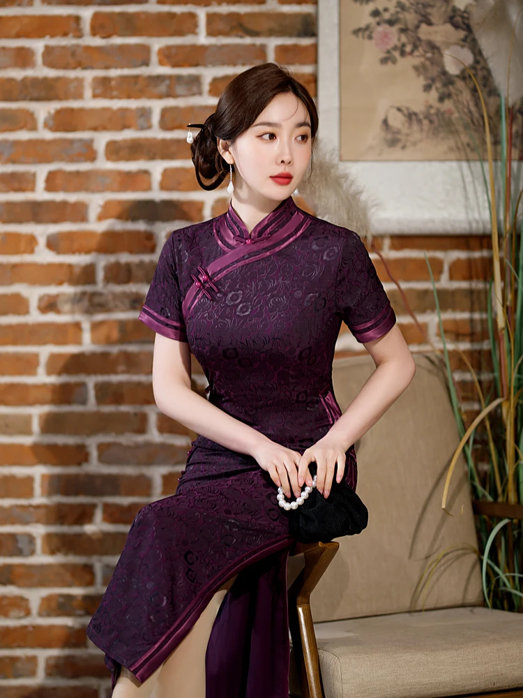 Yourqipao Summer Long Silk Purple Cheongsam Catwalk Banquet Retro Event Host Qipao Chinese Style Wedding Evening Dress for Women