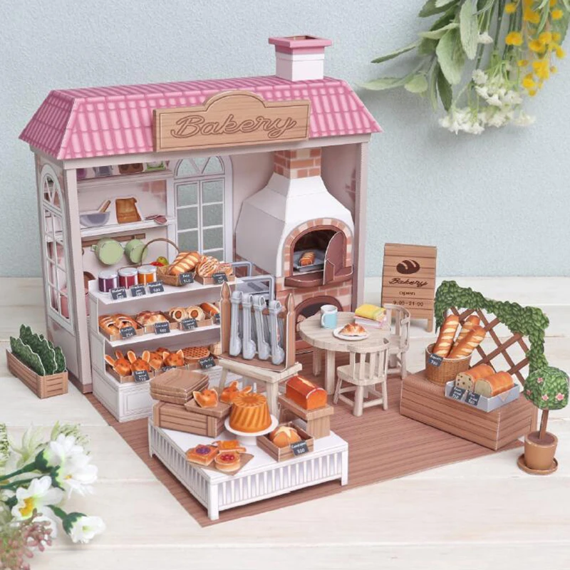 DIY Dollhouse Casa Miniature Furniture Kit bakery House Paper Model Doll Houses Assemble Toys for Children Girl Birthday Gift