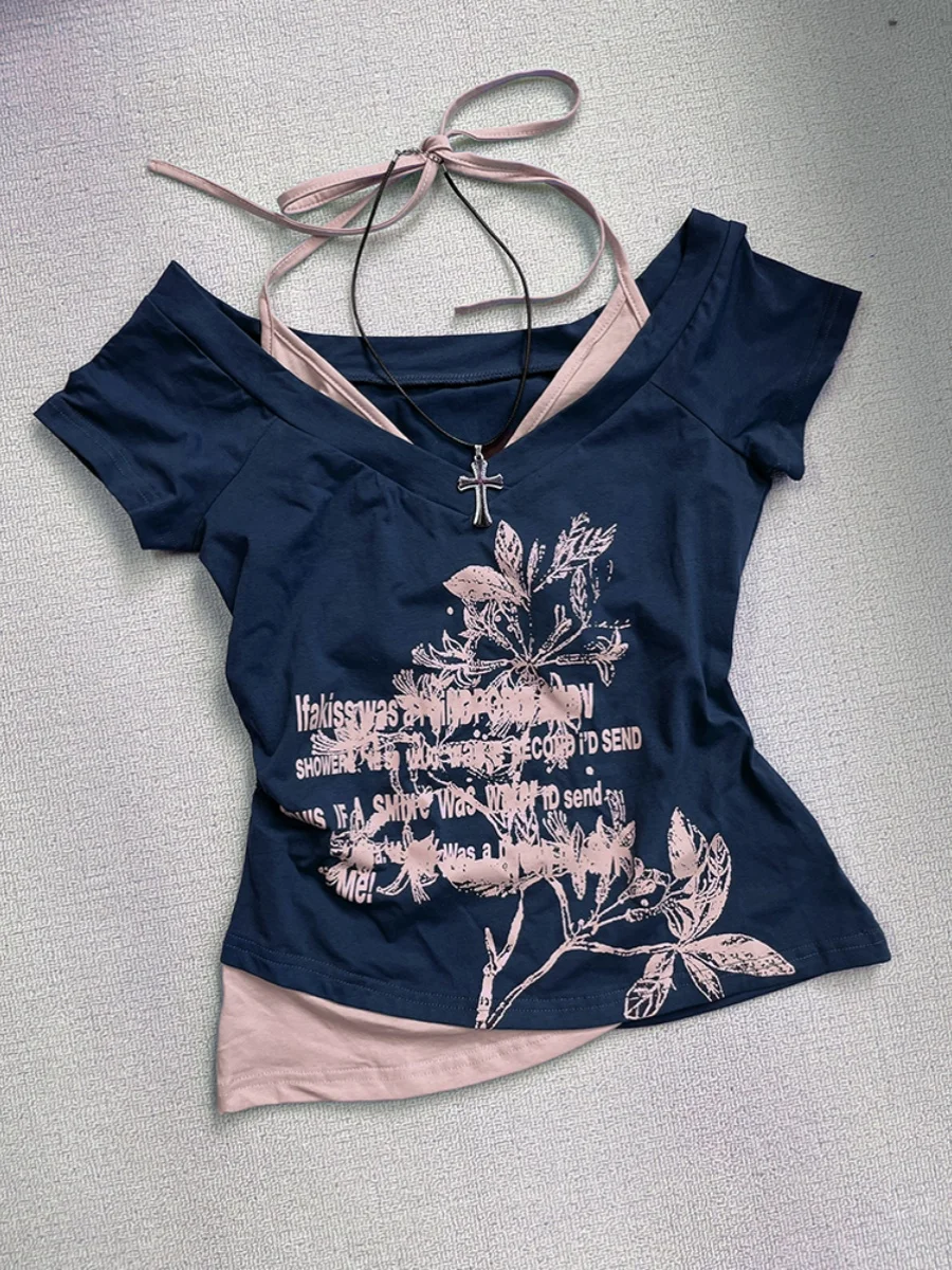 

Синий oulder Bared ort Sve T irt Женский летний американский ретро-дизайн Уникальный топ из двух предметов из смеси хлопка Slim Fit Yout...