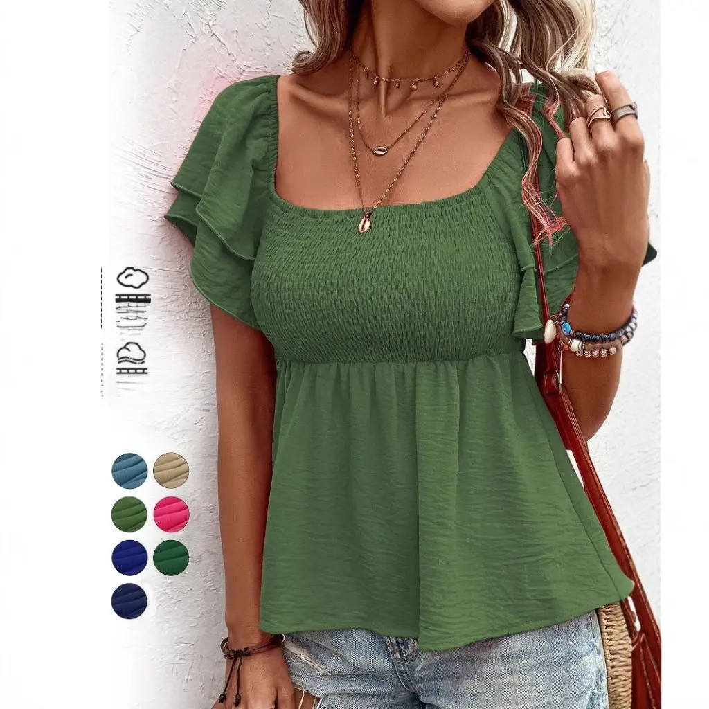 

Summer Women's Puff Sleeve T-shirt Elegant Solid Color European And American Style Shoulder Short Top for Ladies